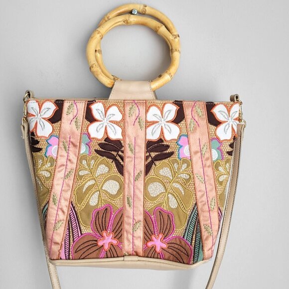 NWOT RARE Bueno Floral Embroidered Sequins Bamboo Handles Boho Satchel - Picture 8 of 11